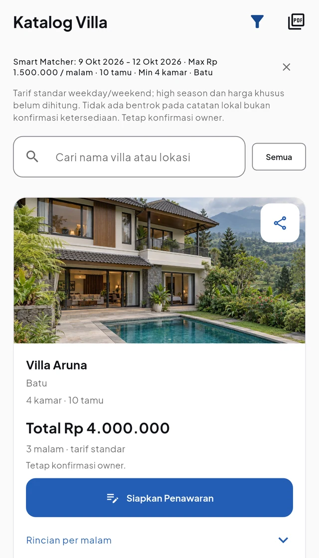 Tampilan aplikasi: hasil Villa Aruna dengan total tiga malam Rp4.000.000.